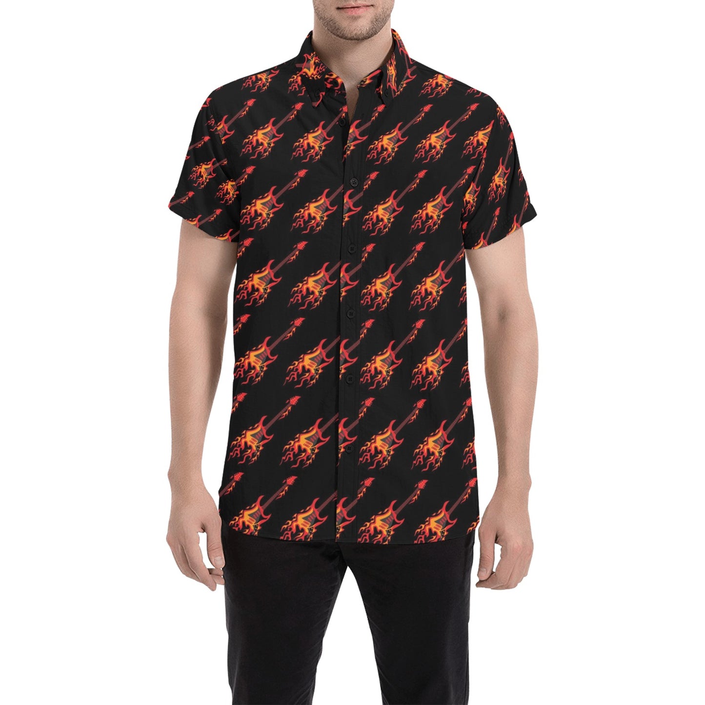 Electric Guitar Print Design LKS406 Men Short Sleeve Button Up Shirt