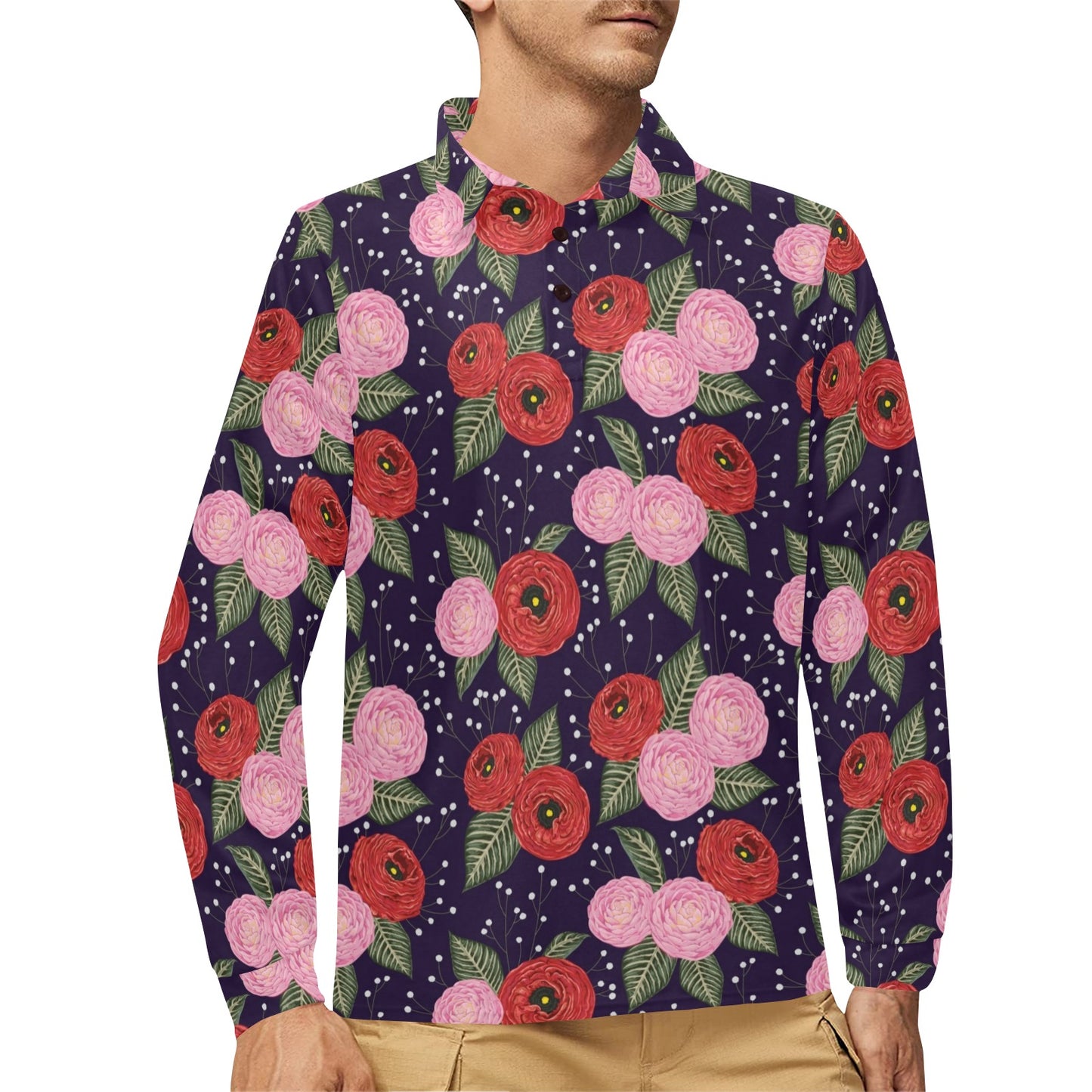 Camellia Pattern Print Design CM02 Long Sleeve Polo Shirt For Men's