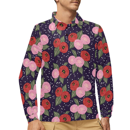 Camellia Pattern Print Design CM02 Long Sleeve Polo Shirt For Men's