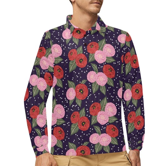 Camellia Pattern Print Design CM02 Long Sleeve Polo Shirt For Men's
