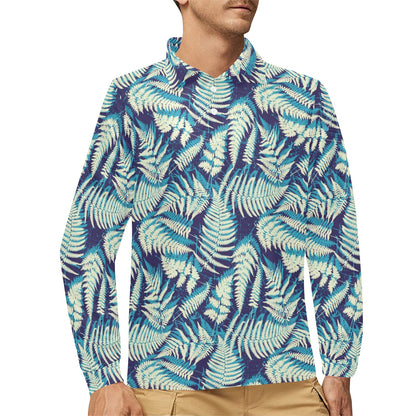 Fern Leave Summer Print Pattern Long Sleeve Polo Shirt For Men's
