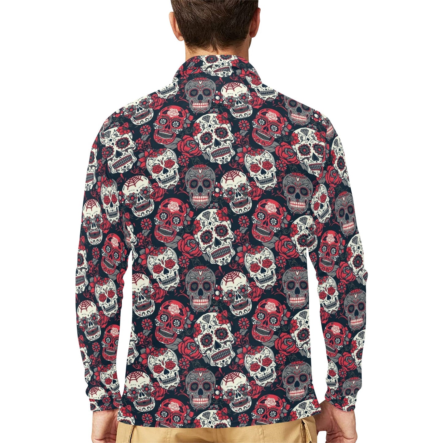 Sugar Skull Print Design LKS303 Long Sleeve Polo Shirt For Men's
