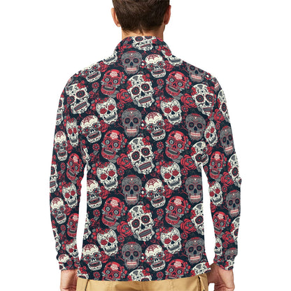 Sugar Skull Print Design LKS303 Long Sleeve Polo Shirt For Men's