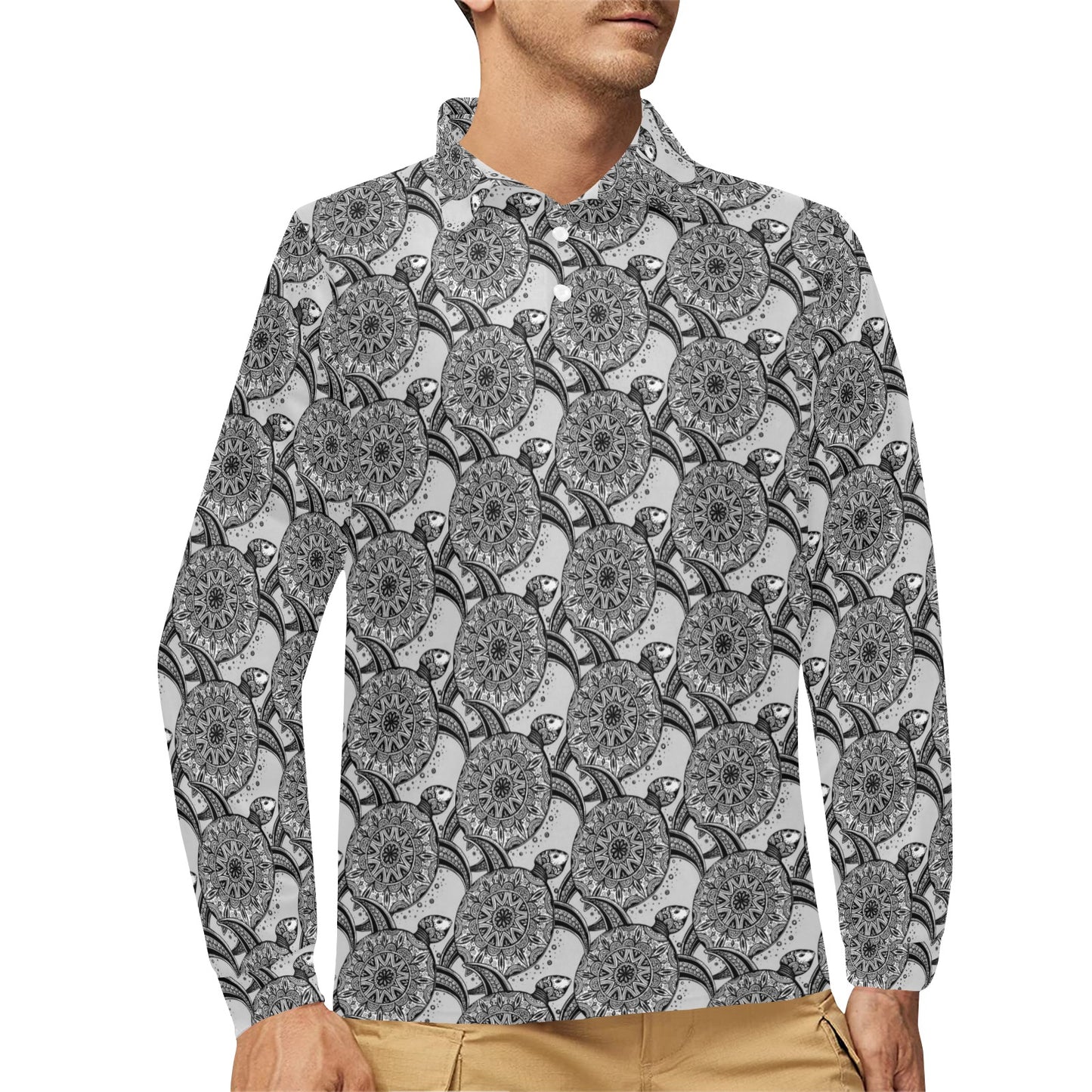 Tribal Turtle Polynesian Themed Print Long Sleeve Polo Shirt For Men's