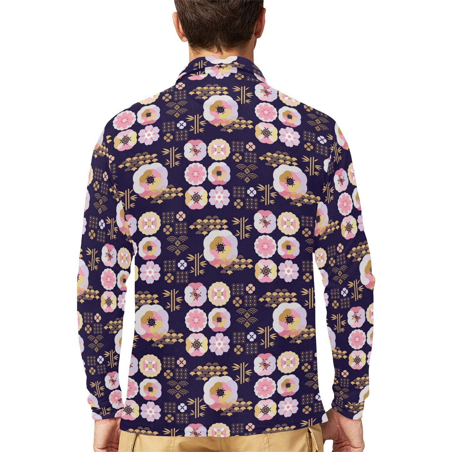 Sakura Japan Style Print Design LKS302 Long Sleeve Polo Shirt For Men's