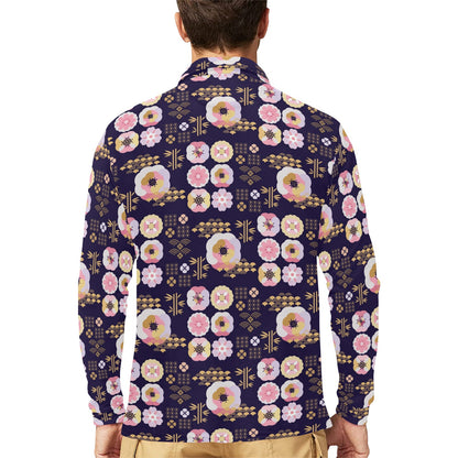 Sakura Japan Style Print Design LKS302 Long Sleeve Polo Shirt For Men's