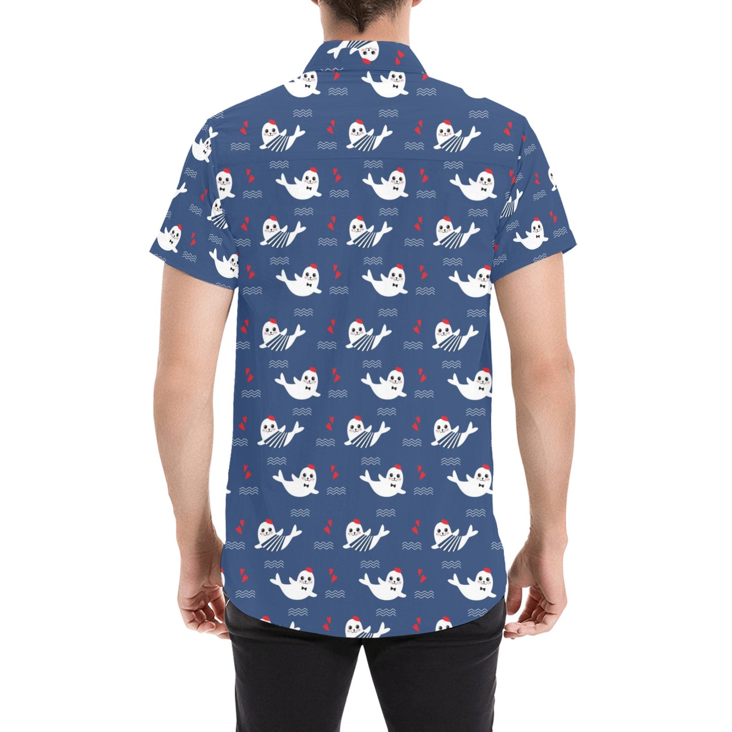 Sea Lion Print Design LKS403 Men Short Sleeve Button Up Shirt
