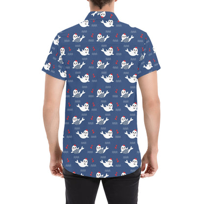 Sea Lion Print Design LKS403 Men Short Sleeve Button Up Shirt