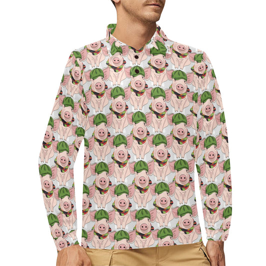 Pig Print Design LKS403 Long Sleeve Polo Shirt For Men's