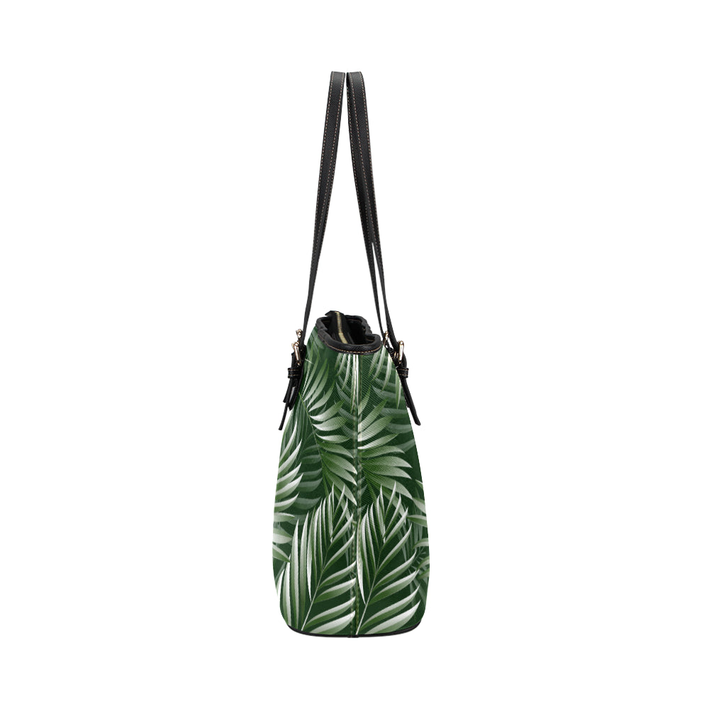 White Green Tropical Palm Leaves Leather Tote Bag