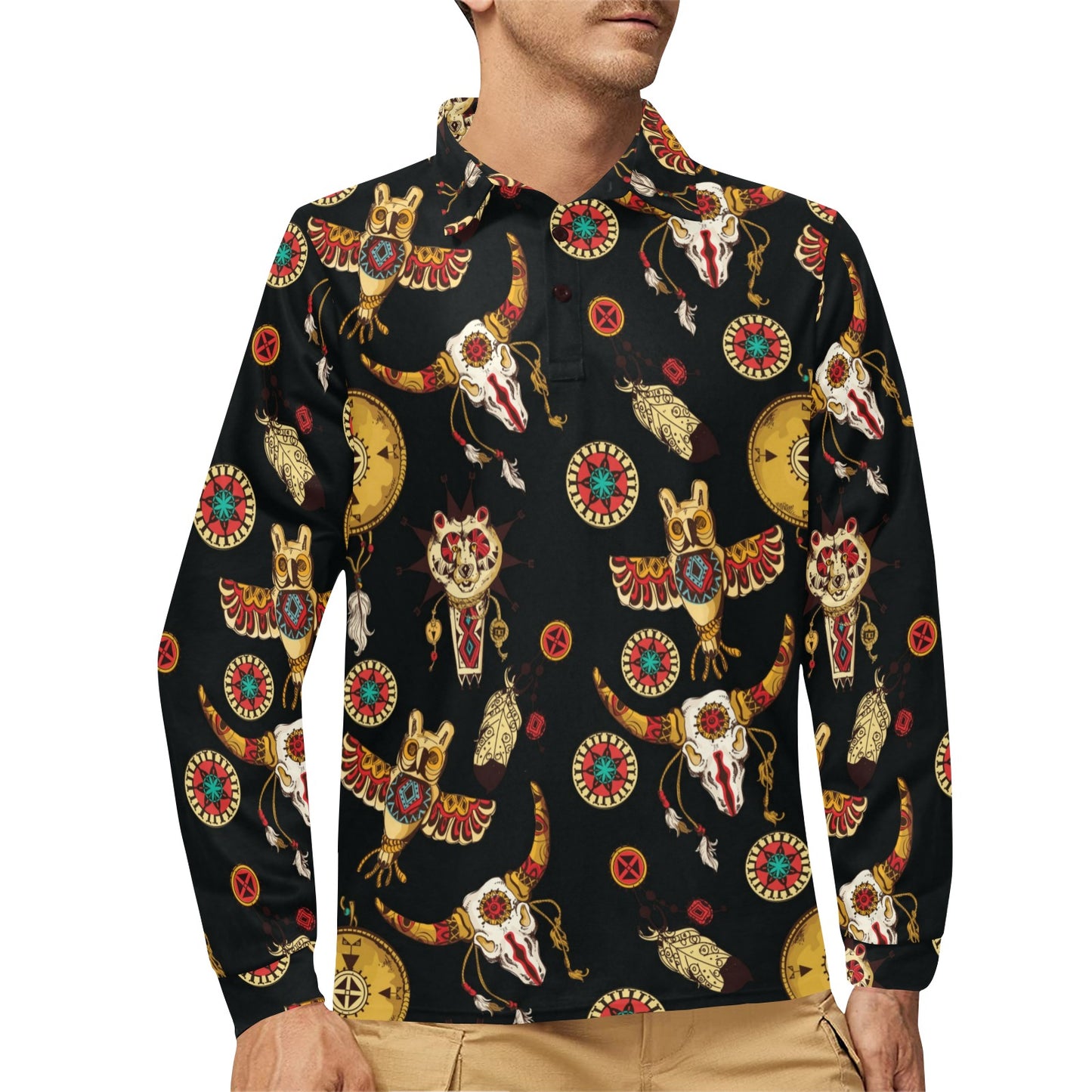 Native American Symbol Pattern Long Sleeve Polo Shirt For Men's