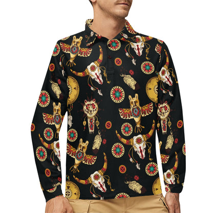 Native American Symbol Pattern Long Sleeve Polo Shirt For Men's