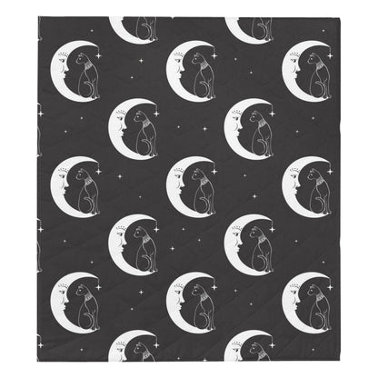 Moon with Cat Pattern Print Design 04 Premium Quilt