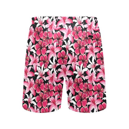 Flower Hawaiian Pink Red Hibiscus Print Men's Swim Trunks Beach Shorts