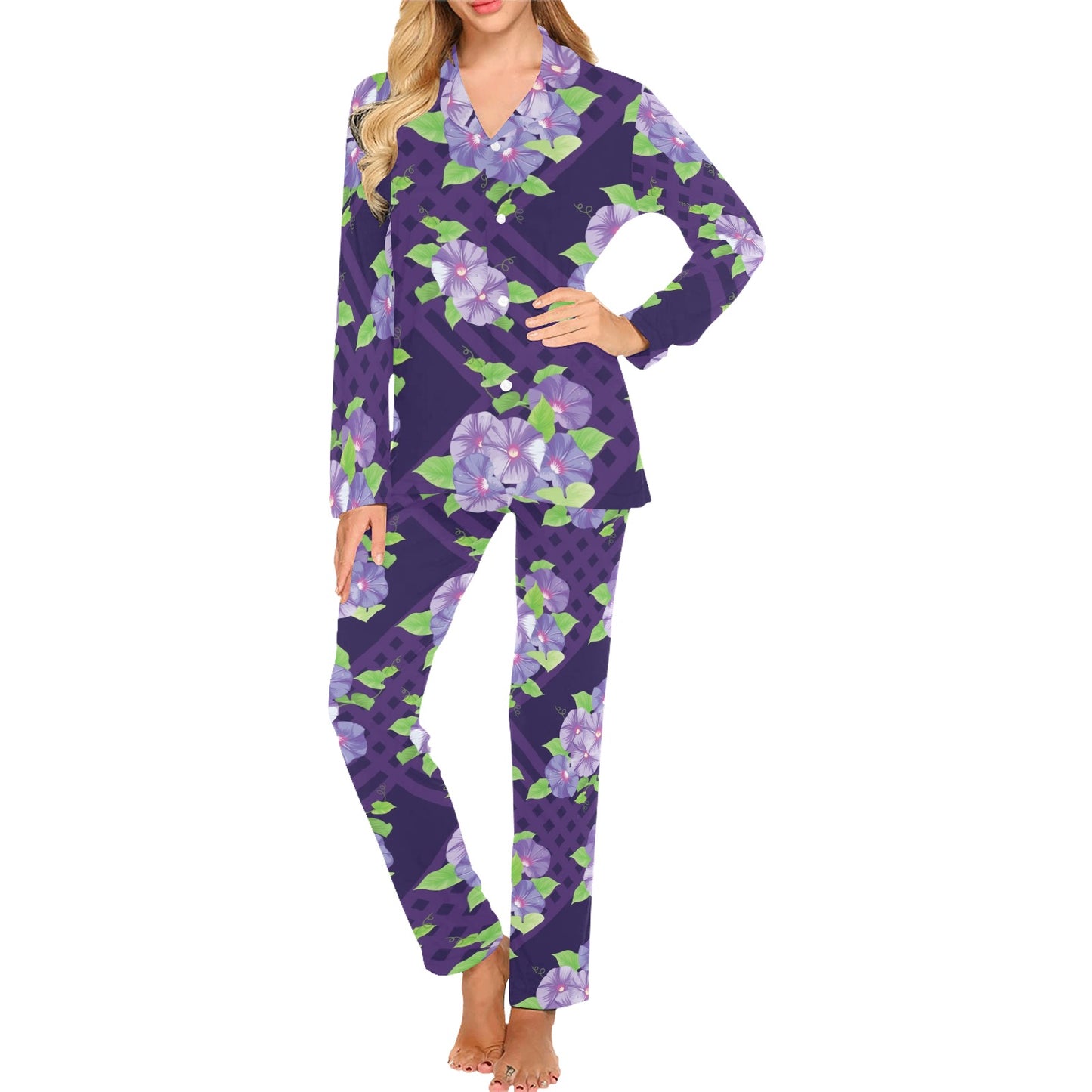 Morning Glory Pattern Print Design MG03 Women's Long Pajama Set