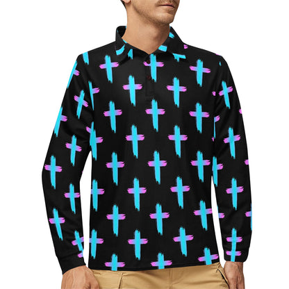 Christian Cross neon Pattern Long Sleeve Polo Shirt For Men's