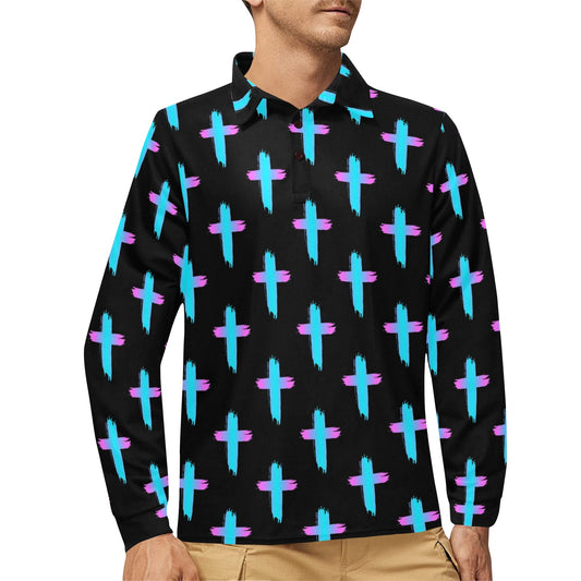 Christian Cross neon Pattern Long Sleeve Polo Shirt For Men's