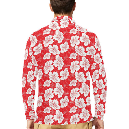 Flower Hawaiian Hibiscus Red Background Print Long Sleeve Polo Shirt For Men's