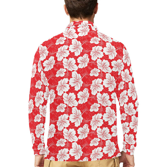 Flower Hawaiian Hibiscus Red Background Print Long Sleeve Polo Shirt For Men's