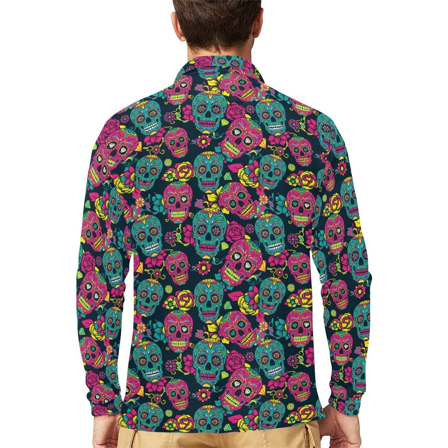 Sugar Skull Floral Design Themed Print Long Sleeve Polo Shirt For Men's