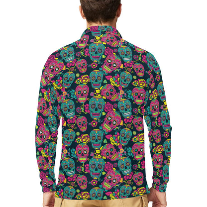 Sugar Skull Floral Design Themed Print Long Sleeve Polo Shirt For Men's