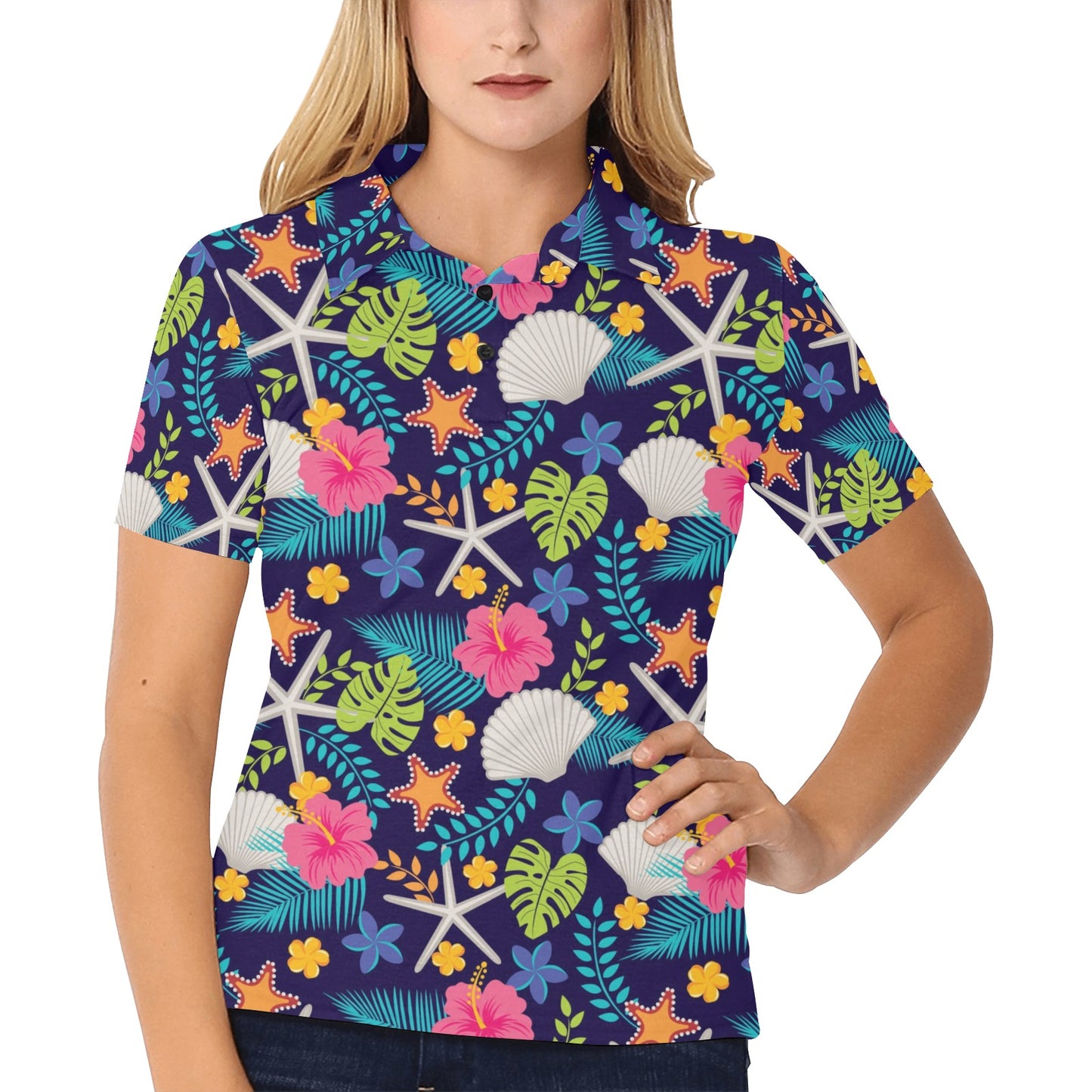 Beach Seashell Floral Theme Women's Polo Shirt