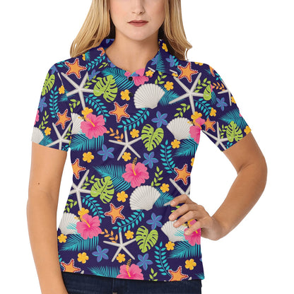 Beach Seashell Floral Theme Women's Polo Shirt
