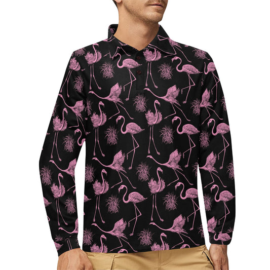 Flamingo Pink Print Pattern Long Sleeve Polo Shirt For Men's