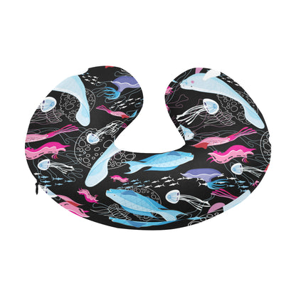 Manatee Pattern Print Design 02 U-Shaped Travel Neck Pillow