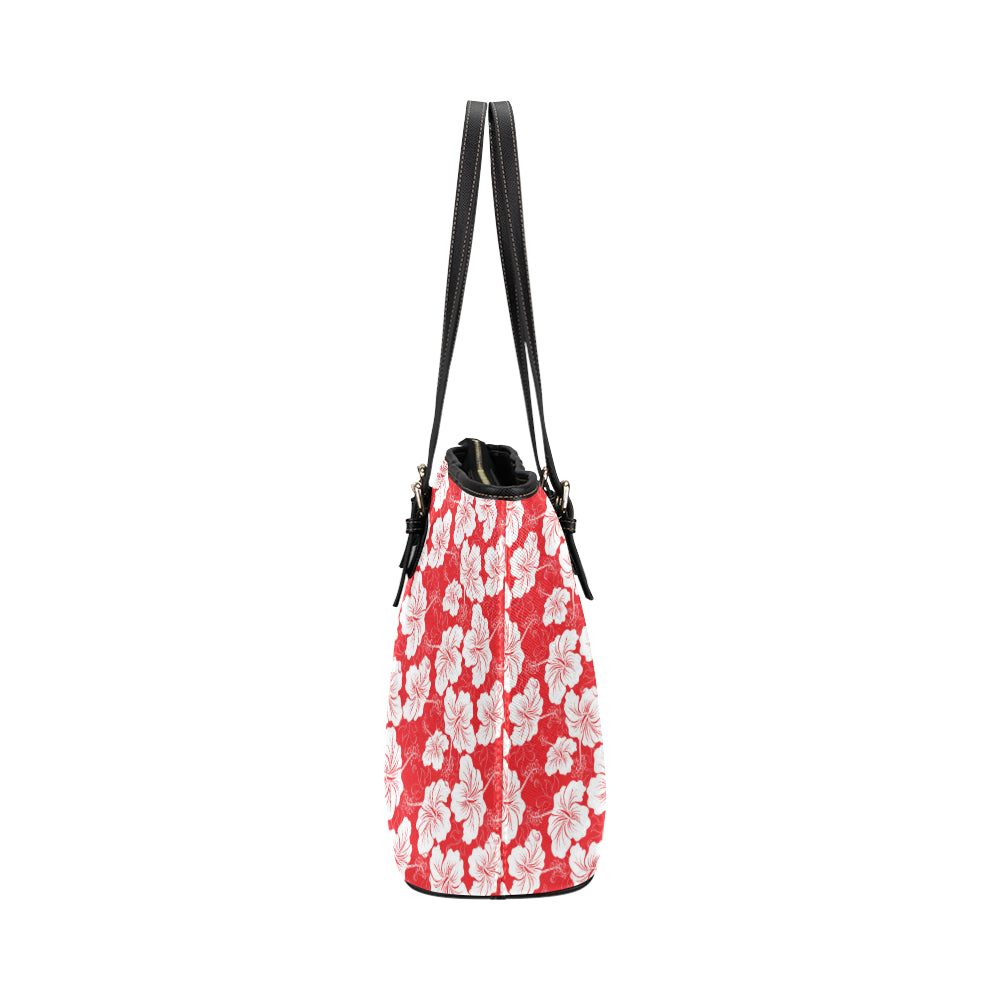 Flower Hawaiian Hibiscus Red Background Print Leather Tote Bag