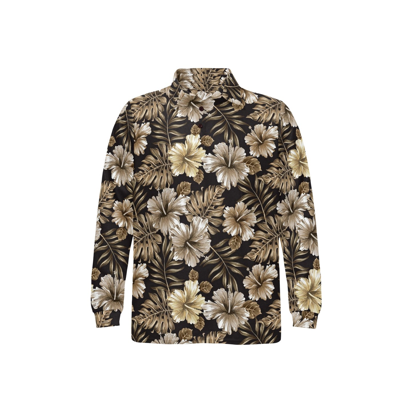 Brown Hibiscus Tropical Long Sleeve Polo Shirt For Men's