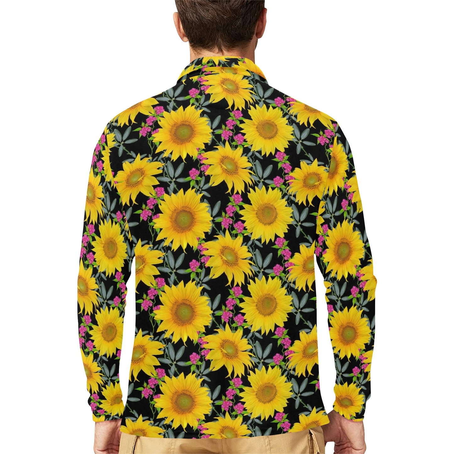 Sunflower Pattern Print Design SF014 Long Sleeve Polo Shirt For Men's