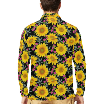 Sunflower Pattern Print Design SF014 Long Sleeve Polo Shirt For Men's
