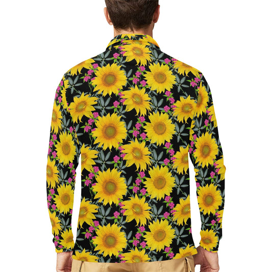 Sunflower Pattern Print Design SF014 Long Sleeve Polo Shirt For Men's