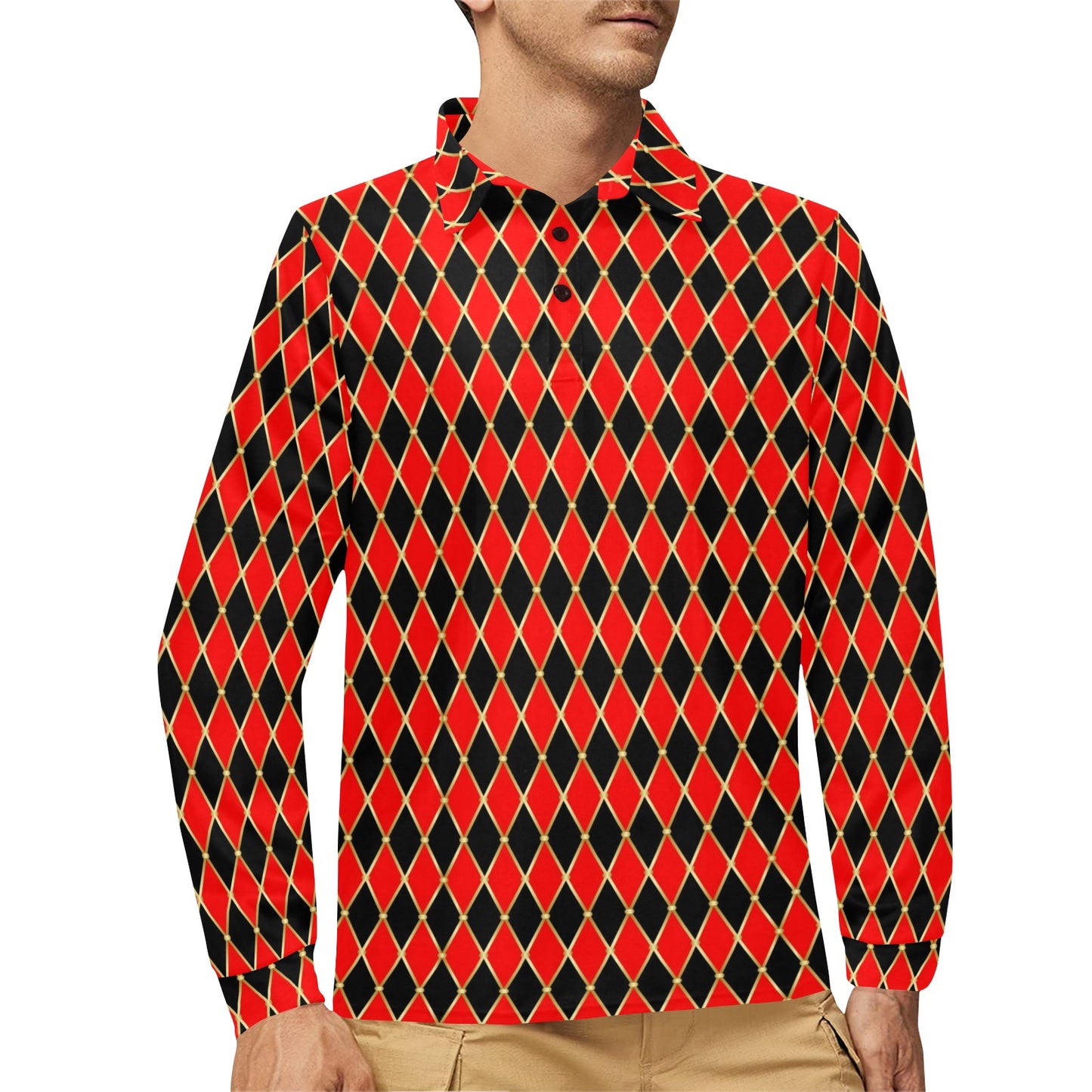 Harlequin Print Design LKS401 Long Sleeve Polo Shirt For Men's