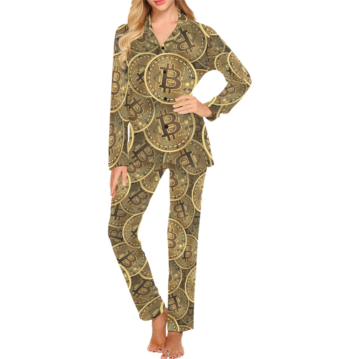 Bitcoin Pattern Print Design DO01 Women's Long Pajama Set