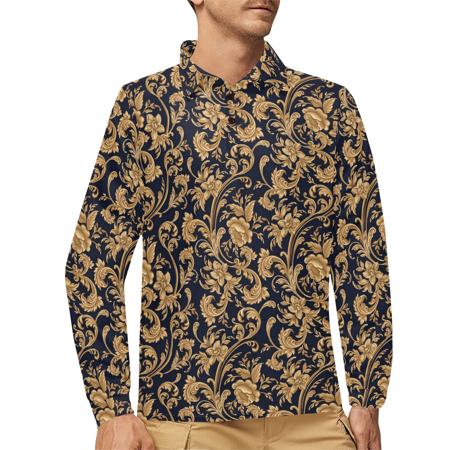 Baroque Golden Pattern Print Design 03 Long Sleeve Polo Shirt For Men's