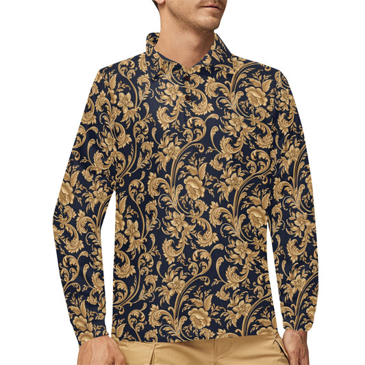 Baroque Golden Pattern Print Design 03 Long Sleeve Polo Shirt For Men's