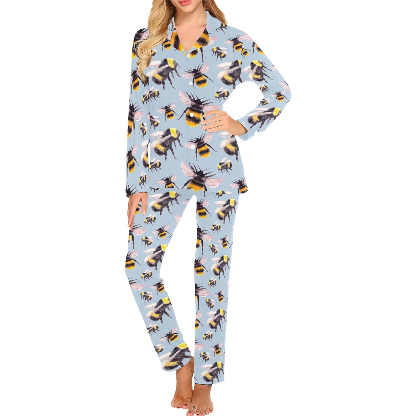 Bee Pattern Print Design BEE08 Women's Long Pajama Set