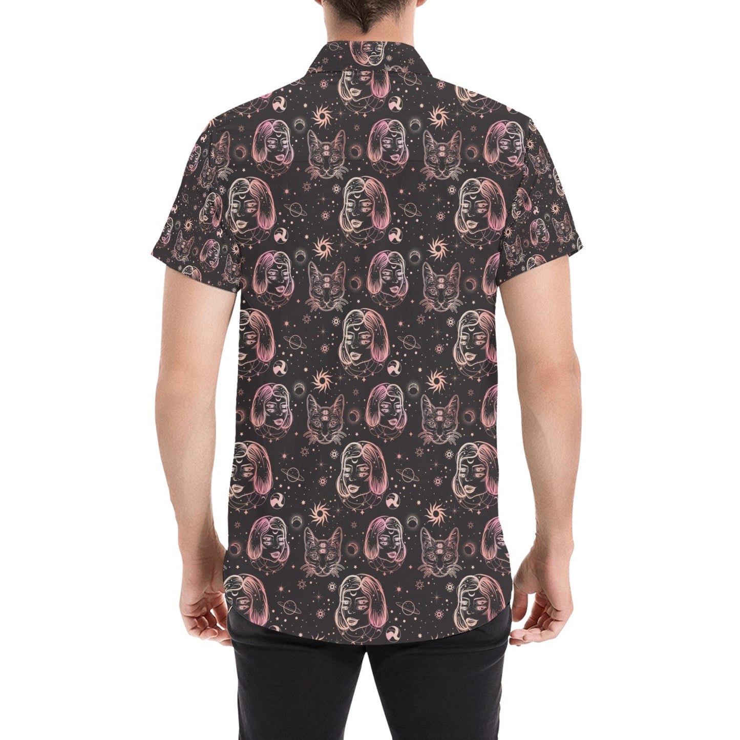 Third Eye Girl Cat Print Design LKS305 Men Short Sleeve Button Up Shirt