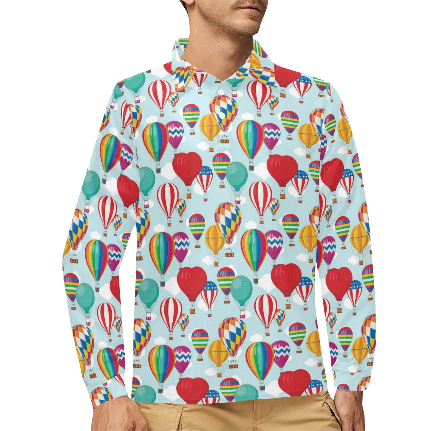 Ballon Pattern Print Design 07 Long Sleeve Polo Shirt For Men's