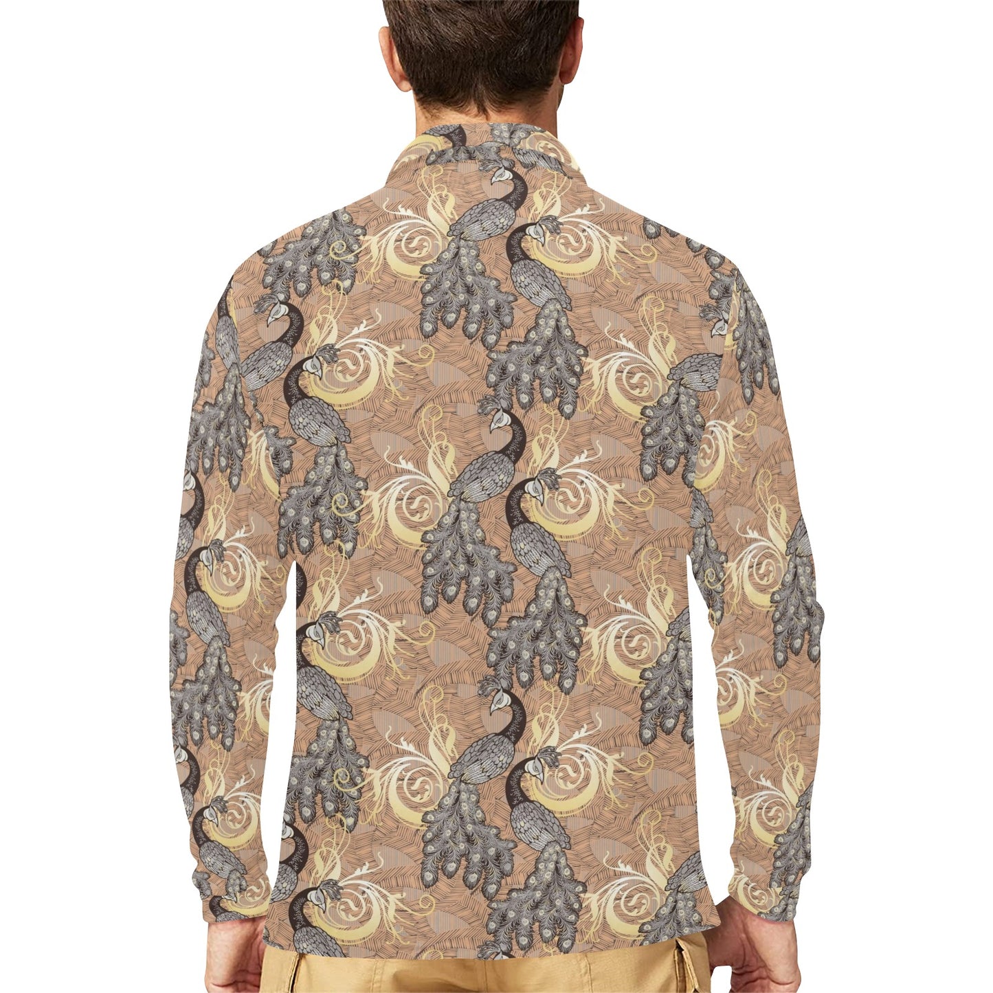 Peacock Pattern Print Design A05 Long Sleeve Polo Shirt For Men's