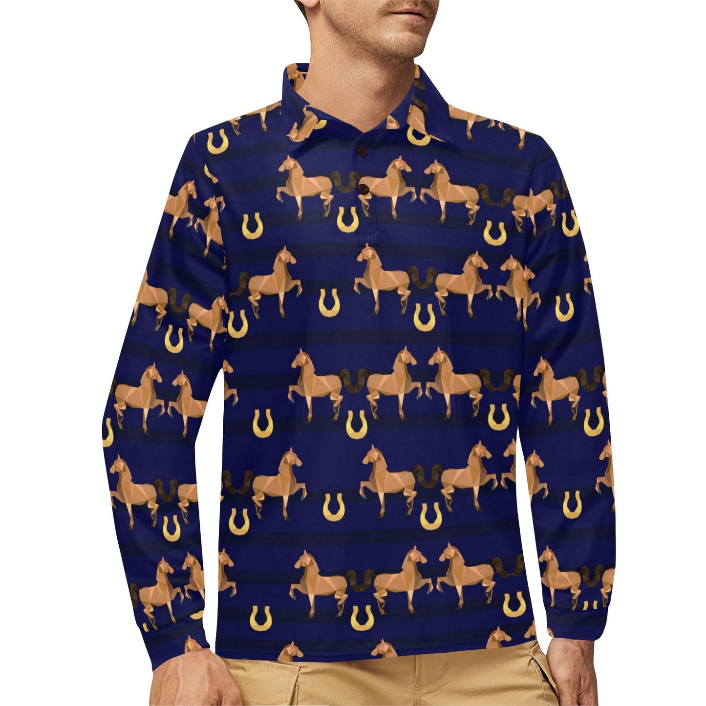Horse Luxury Themed Pattern Print Long Sleeve Polo Shirt For Men's