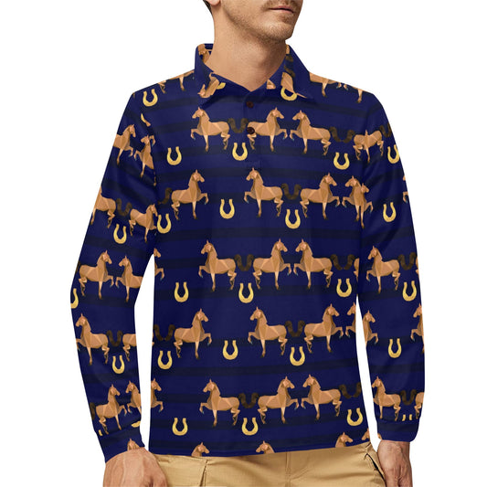 Horse Luxury Themed Pattern Print Long Sleeve Polo Shirt For Men's