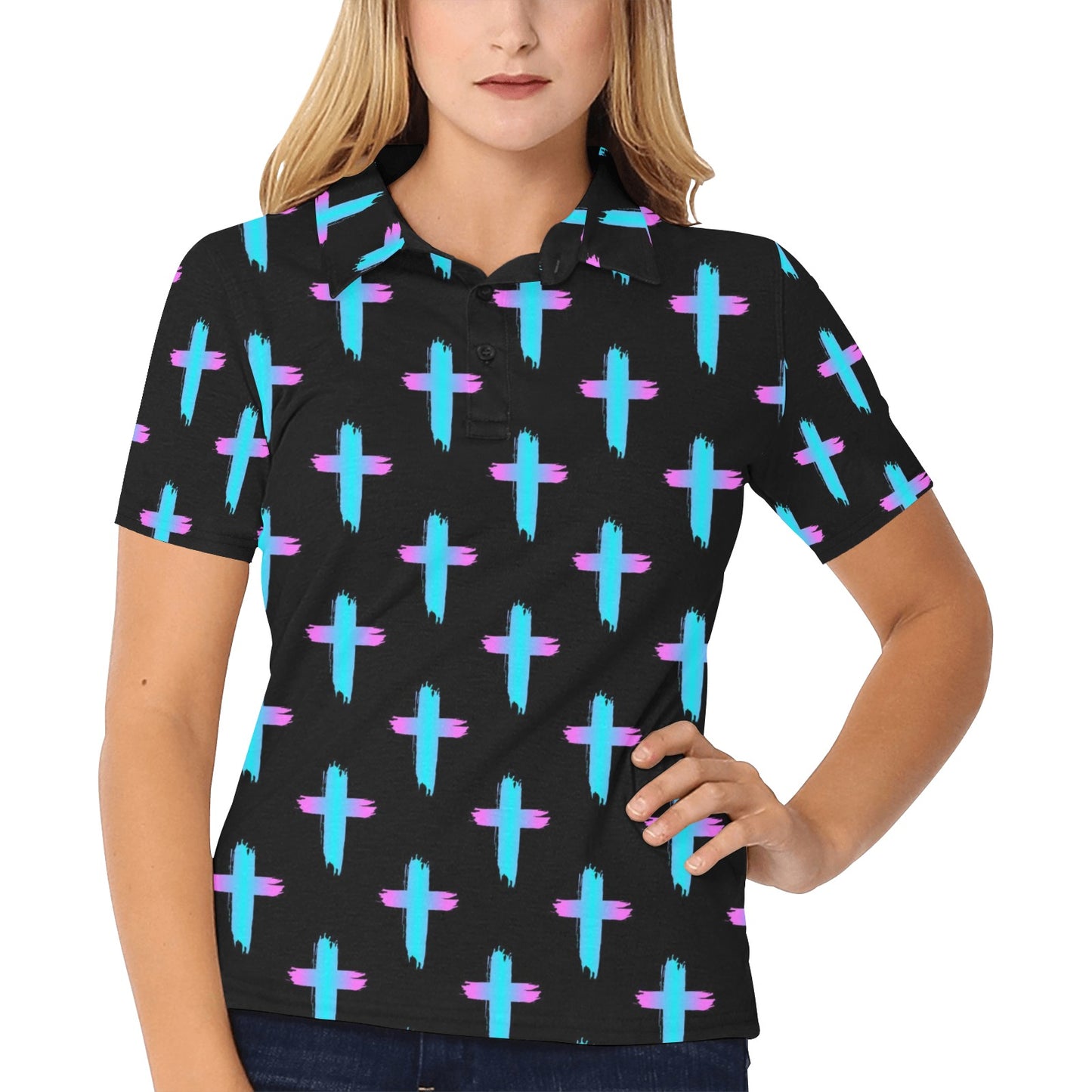 Christian Cross neon Pattern Women's Polo Shirt