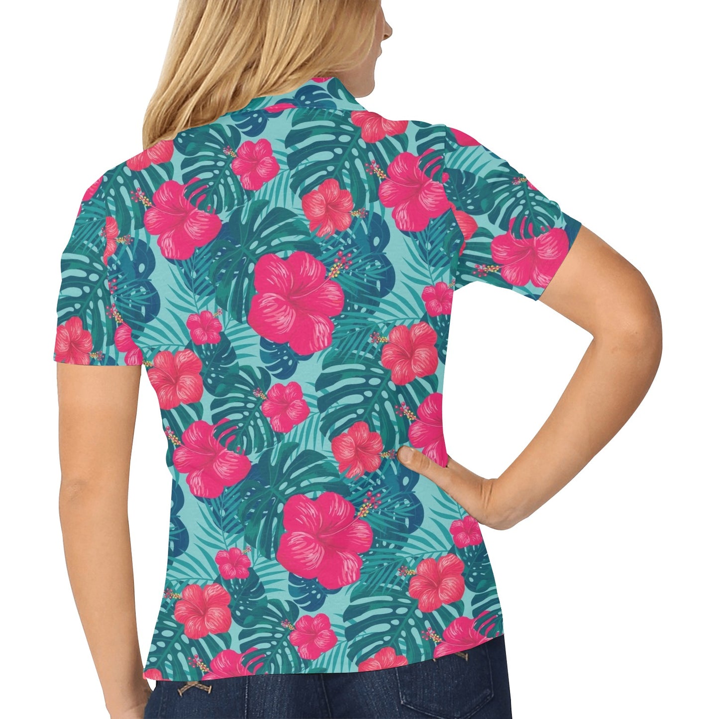 Red Hibiscus Pattern Print Design HB017 Women's Polo Shirt