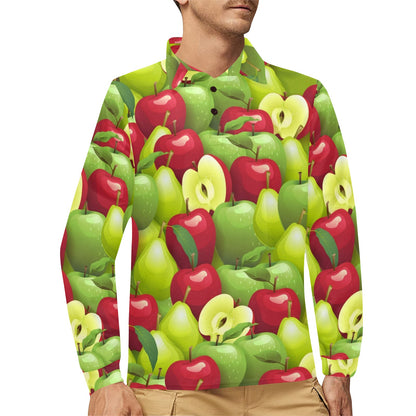 Apple Pattern Print Design AP03 Long Sleeve Polo Shirt For Men's