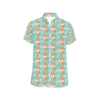 Shiba Inu Print Design LKS3013 Men Short Sleeve Button Up Shirt