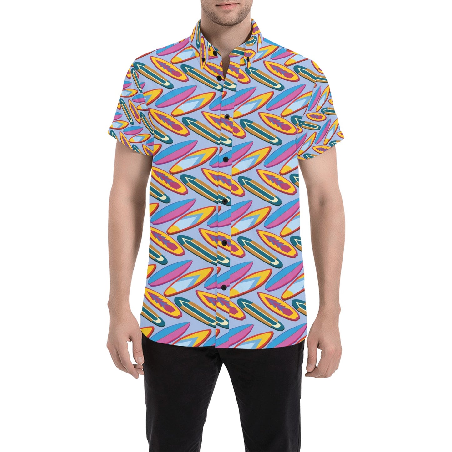 Surfboard Pattern Print Design LKS303 Men Short Sleeve Button Up Shirt