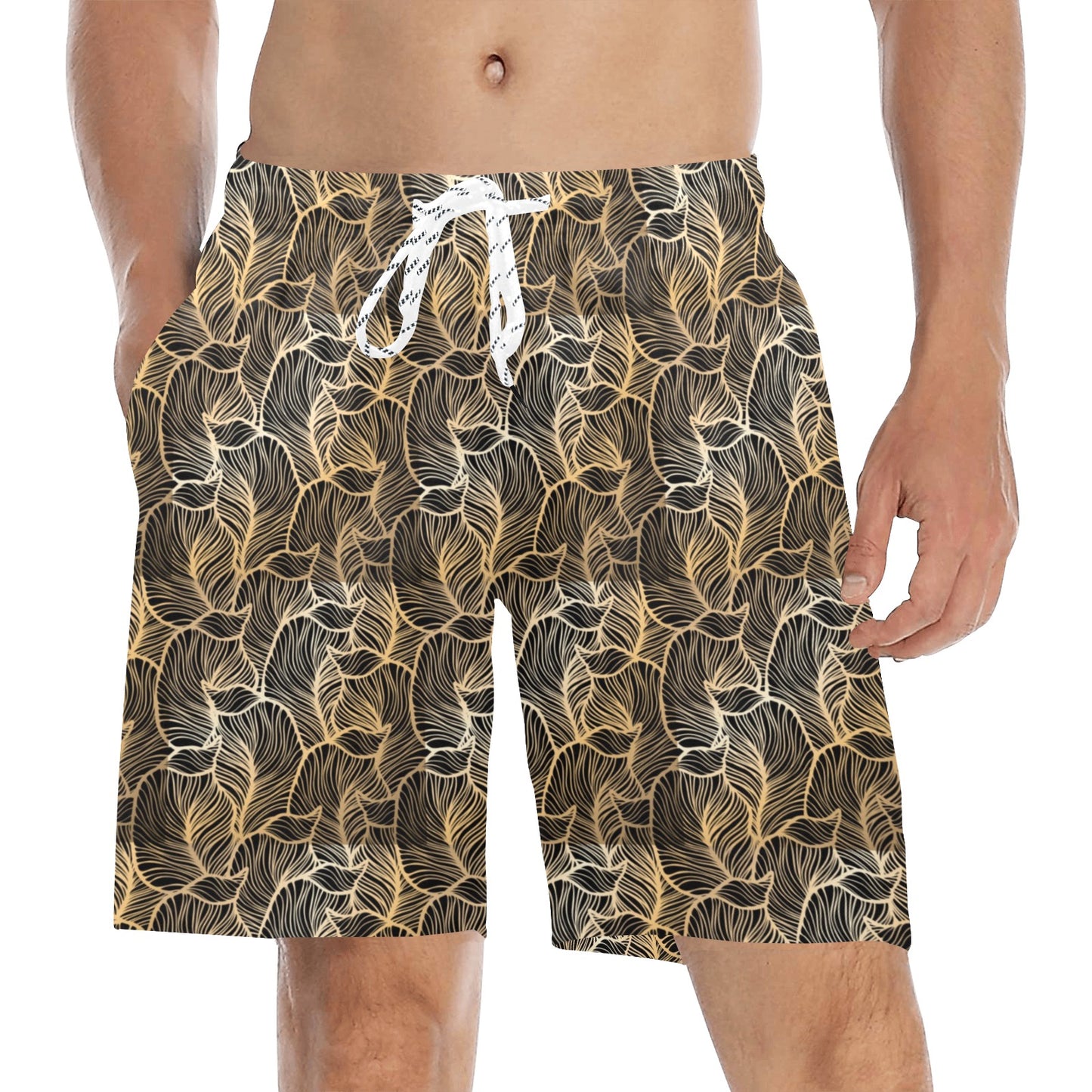 Elegant Gold leaf Print Men's Swim Trunks Beach Shorts